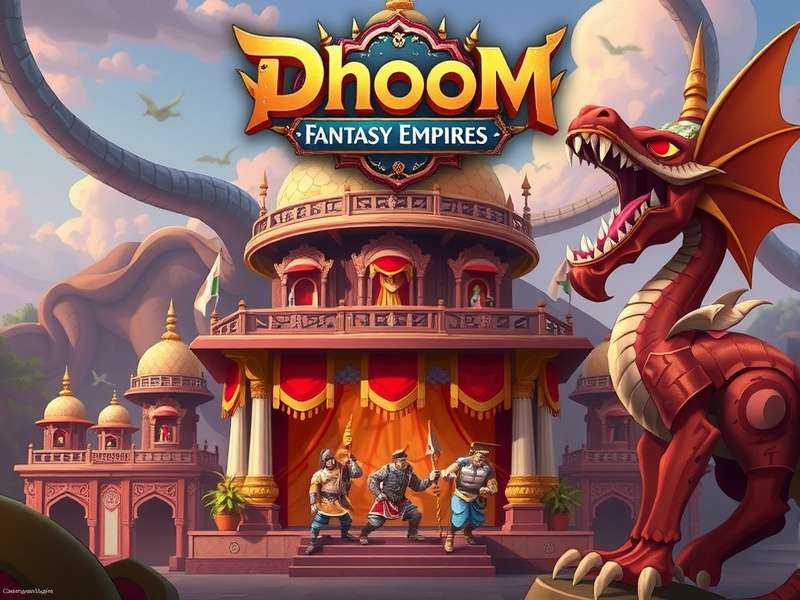 Dhoom Fantasy Empires game art featuring mythical creatures and Indian architecture